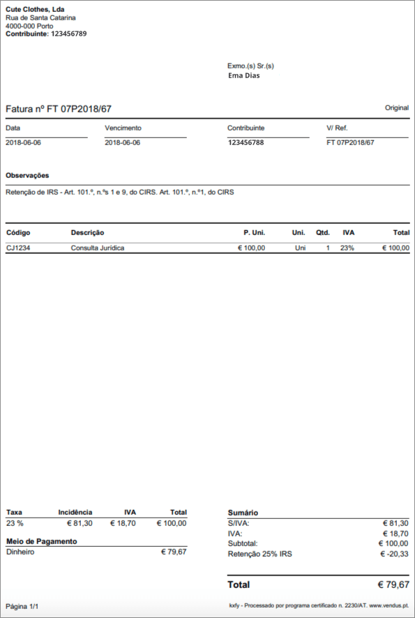Retenção na Fonte (IRS) - Fatura