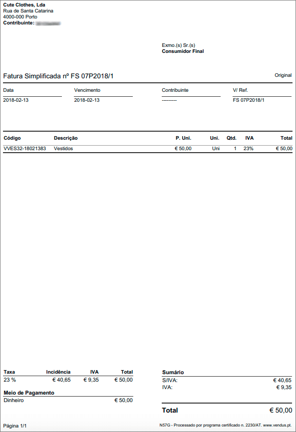 Exemplo de Fatura Simplificada formato A4