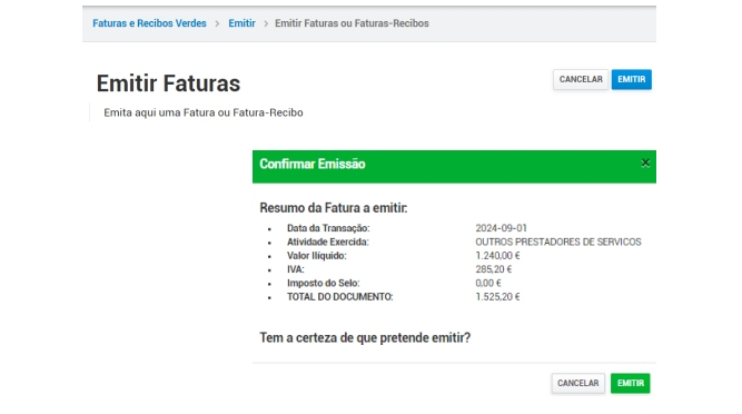 Emissão de Faturas e Faturas Recibo - Confirmação da emissão da fatura