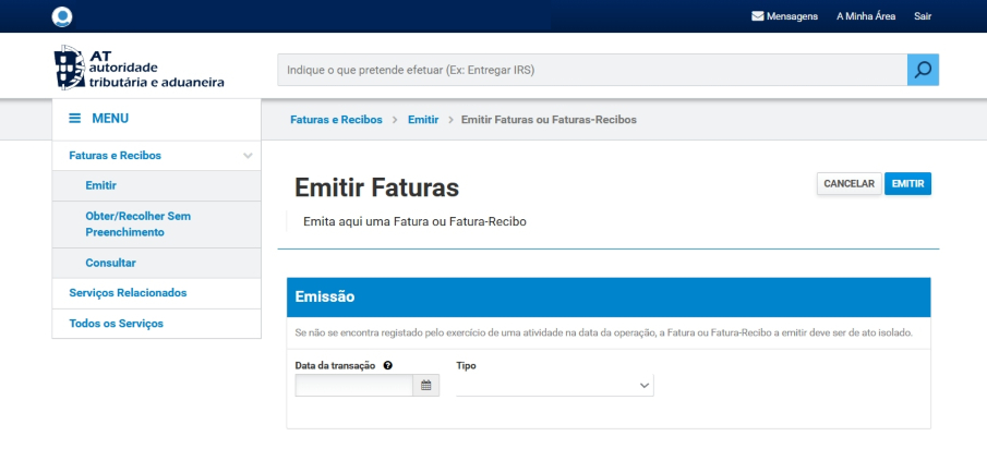 Emissão de Fatura e Fatura Recibo - Data da Transação e Tipo