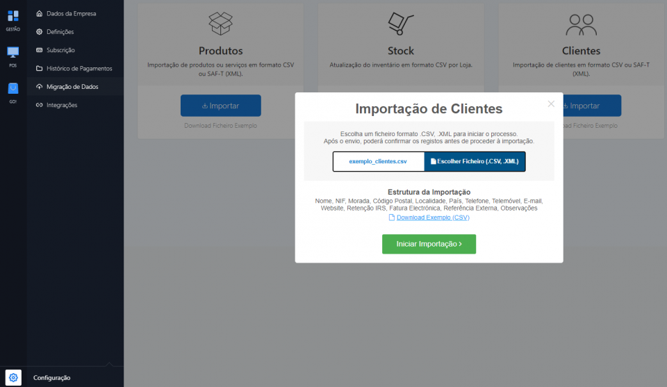 Importação de Ficheiro CSV ou XML