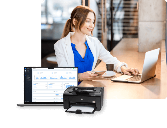 Mulher a utilizar o Vendus em negócios de escritórios e serviços